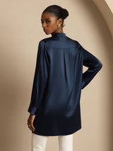 [Mørkeblå] SilkSilky-DK 19Momme Langærmet Ståkrave Bluse 002