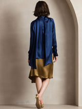 [Mørkeblå] SilkSilky-DK Long Sleeve High Neck Bluse 002