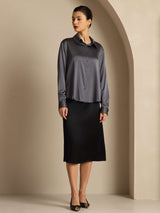 [Mørkegrå] SilkSilky-DK Long Sleeve Lapel Collar Dameskjorte 008
