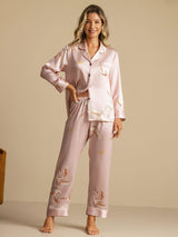 [Lyserød] SilkSilky-DK 19Momme Langærmet Notchkrage Dame Pyjamas 007