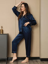 [Mørkeblå] SilkSilky-DK Long Sleeve Lapel Collar Dame Pyjamas 001