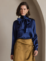 [Mørkeblå] SilkSilky-DK Long Sleeve High Neck Bluse 001