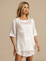 [Hvid] SilkSilky-DK Short Sleeve Round Neck Dame Pyjamas 004