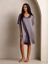 [Lilla Grå] SilkSilky-DK Half Sleeve V Neck Natkjole 001
