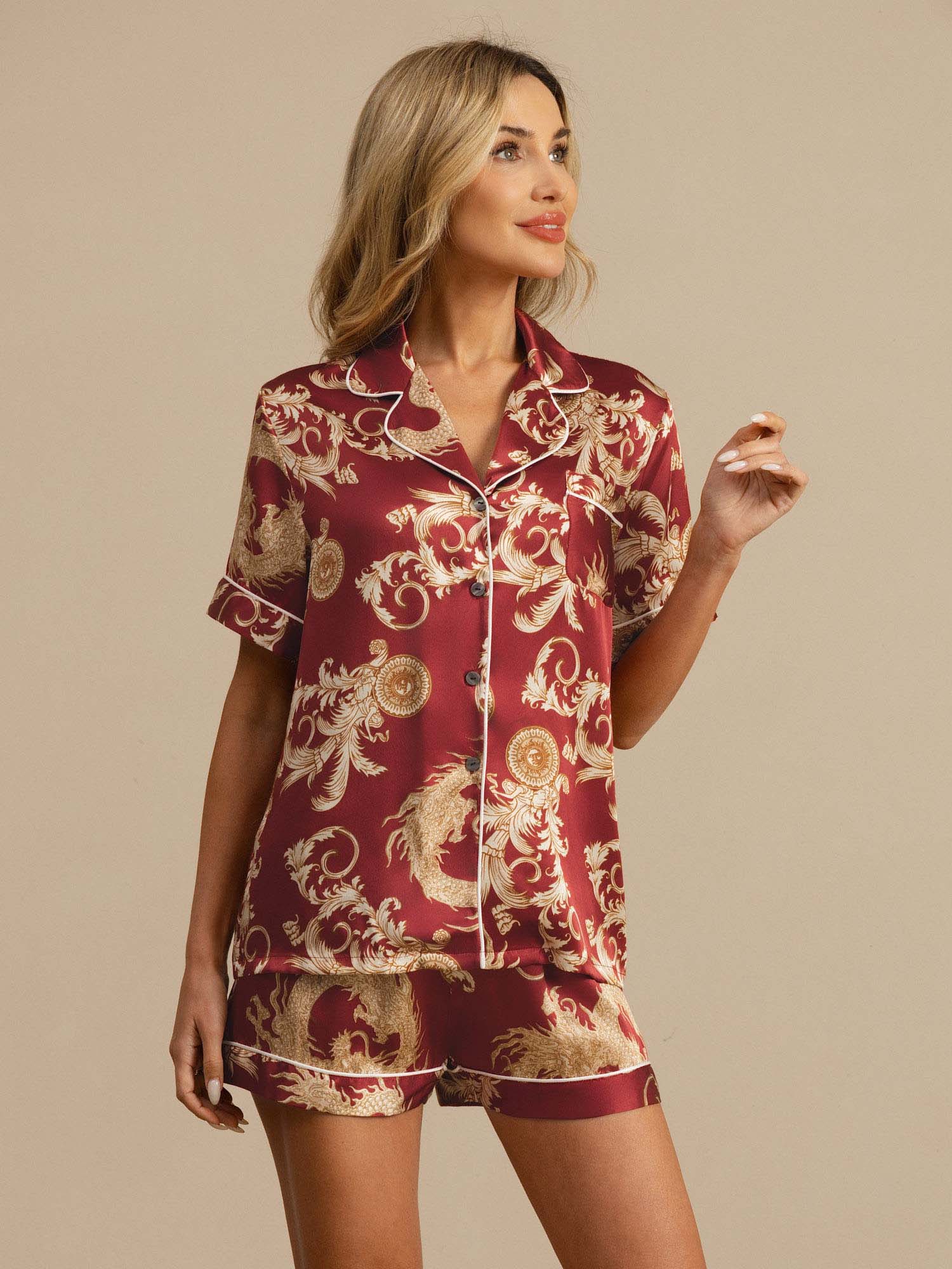 [Vinrød Drage] SilkSilky-DK Short Sleeve Lapel Collar Dame Pyjamas 001