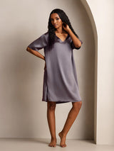 [Lilla Grå] SilkSilky-DK Half Sleeve V Neck Natkjole 006