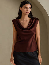 [Mørk Chokolade] SilkSilky-DK Cap Sleeve Cowl Neck T-shirt til kvinder 003