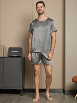 [Mørkegrå] SilkSilky-DK Pure Silk Short Sleeve Round Neck Pyjamas til Mænd 005