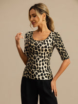 [Leopard] SilkSilky-DK Halv ærme Dyb Rund Halsudskæring T-shirt til kvinder 003