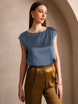 [Ægte Petrol] SilkSilky-DK Cap Sleeve Round Neck T-shirt til kvinder 003