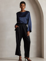 [Mørkeblå] SilkSilky-DK Long Sleeve Boat Neck Bluse 007
