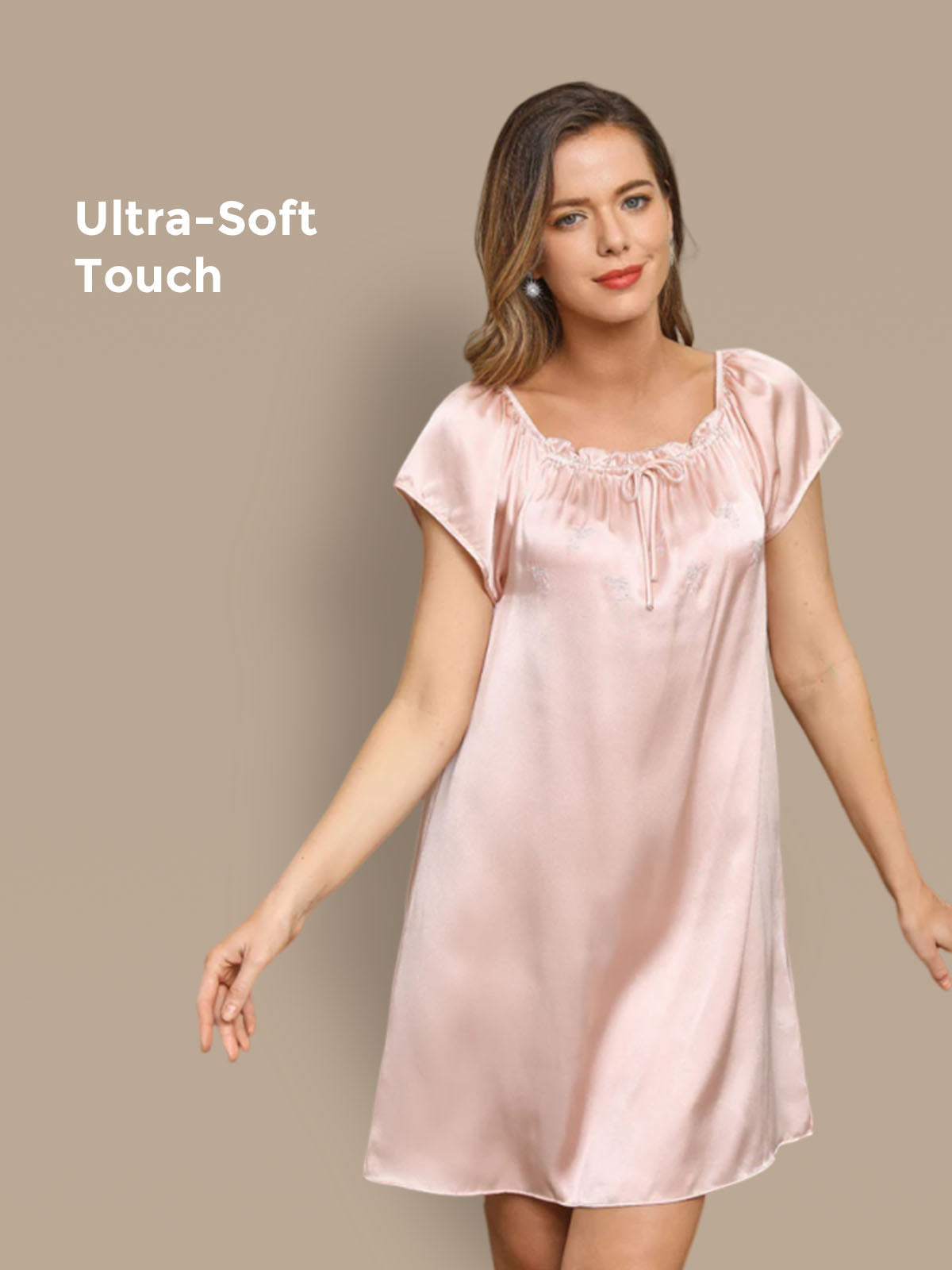 [Lys Pink] SilkSilky-DK Cap Sleeve Square Neck Natkjole 001