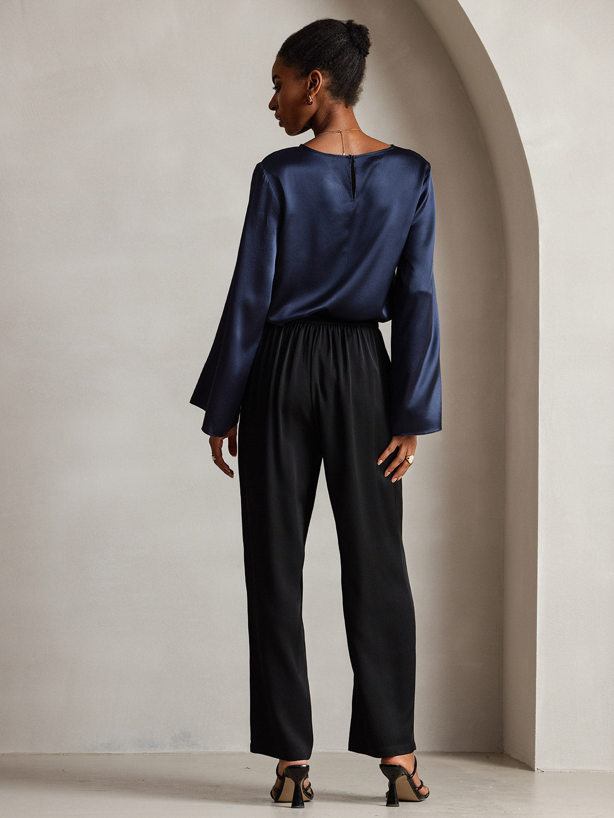 [Mørkeblå] SilkSilky-DK Long Sleeve Boat Neck Bluse 002