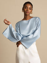 [Gråblå] SilkSilky-DK Long Sleeve Boat Neck Bluse 004
