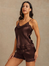 [Brun] SilkSilky-DK Sleeveless V Neck Camisole Sæt 001