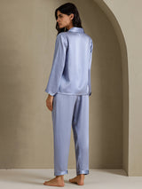 [Stål Blå] SilkSilky-DK Long Sleeve Lapel Collar Dame Pyjamas 002