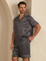 [Sort Ginkgo] SilkSilky-DK Short Sleeve Lapel Collar Pyjamas til Mænd 001