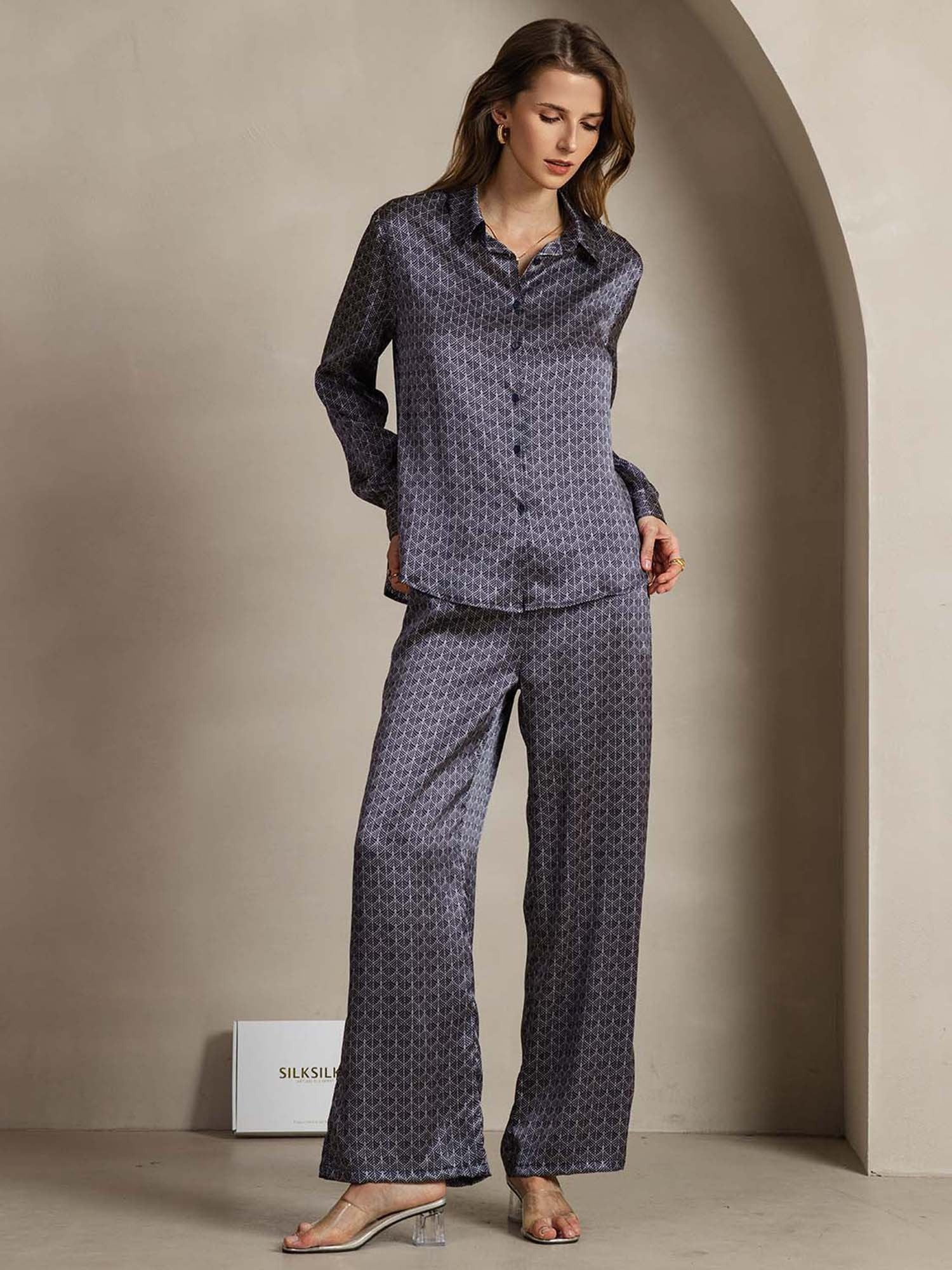 [MarineGinkgo] SilkSilky-DK 19Momme Silke Lapel Collar Women''s Outfit Sets 003