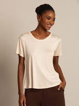 [Beige] SilkSilky-DK Kort ærme Rund Hals T-shirt til kvinder 001