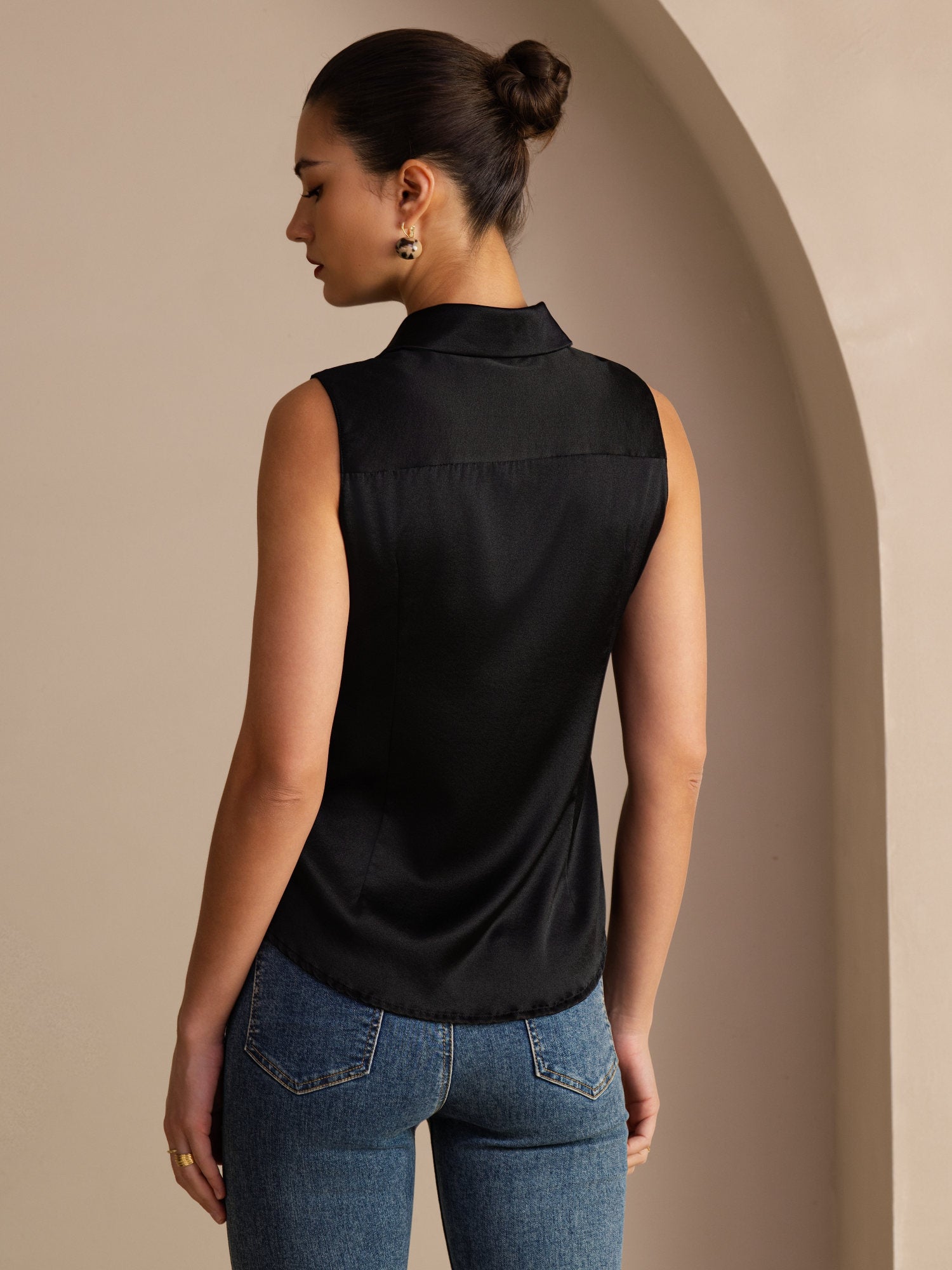 [Sort] SilkSilky-DK Sleeveless Lapel Collar Dameskjorte 002