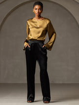 [Brun] SilkSilky-DK Long Sleeve Boat Neck Bluse 008
