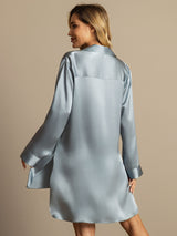 [Gråblå] SilkSilky-DK Long Sleeve Lapel Collar Soveskjorte 003