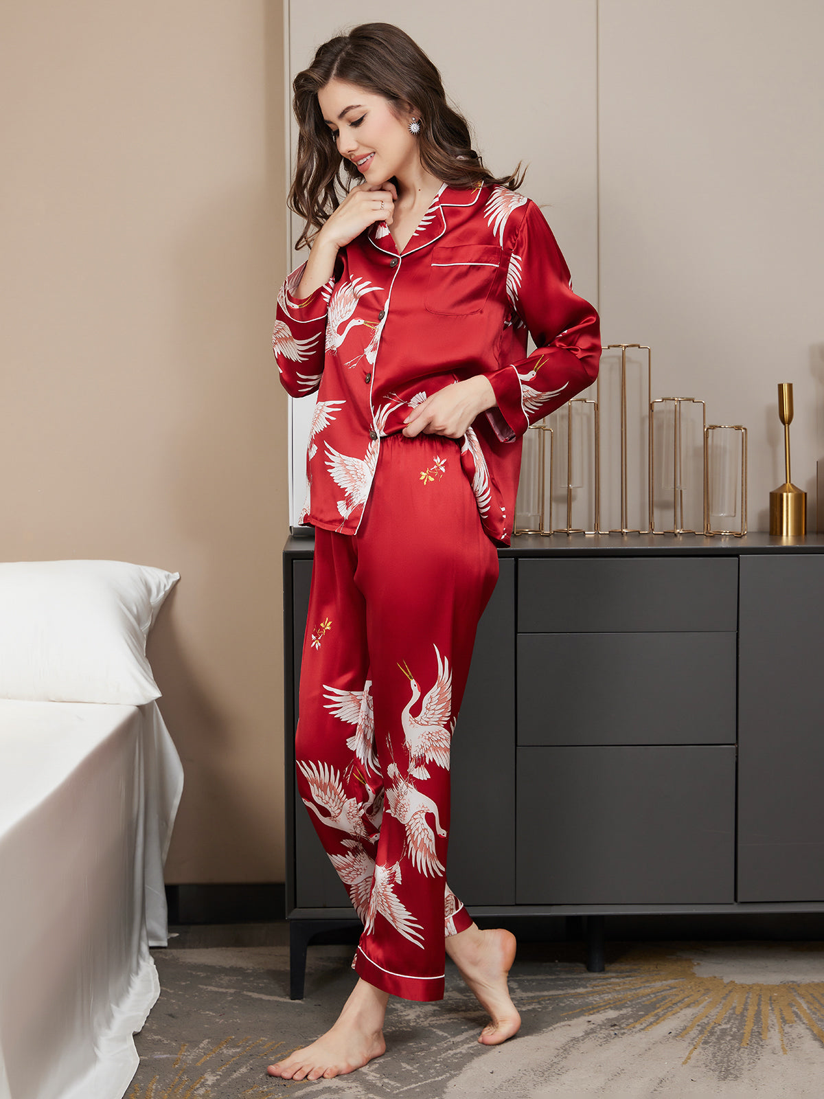 [Mørkerød] SilkSilky-DK 19Momme Dame Pyjamas 004