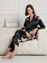 [Sort] SilkSilky-DK 19Momme Langærmet Notchkrage Dame Pyjamas 005