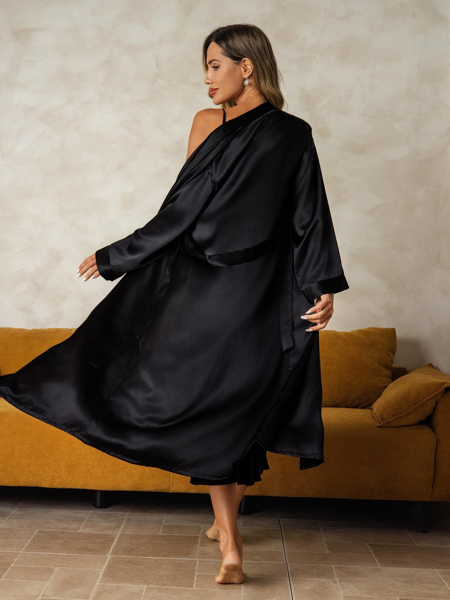 [Sort] SilkSilky-DK Silke Wrap Natkjole & Morgenkåbe Sæt 002