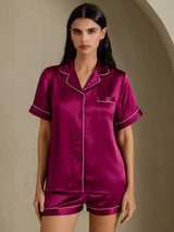 [Fuchsia] SilkSilky-DK Short Sleeve Lapel Collar Dame Pyjamas 001