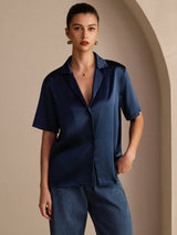 [Mørkeblå] SilkSilky-DK Short Sleeve Lapel Collar Dameskjorte 001