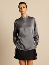[Mørkegrå] SilkSilky-DK 19Momme Langærmet Ståkrave Bluse 004