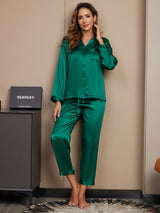 [Grøn] SilkSilky-DK Long Sleeve Lapel Collar Dame Pyjamas 003