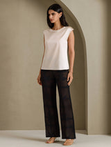 [Beige] SilkSilky-DK Cap Sleeve Round Neck T-shirt til kvinder 007