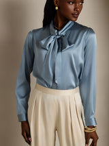 [Gråblå] SilkSilky-DK Long Sleeve Tie Neck Damebluser 006