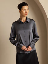 [Mørkegrå] SilkSilky-DK Long Sleeve Lapel Collar Dameskjorte 007
