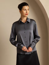 [Mørkegrå] SilkSilky-DK Long Sleeve Lapel Collar Dameskjorte 007