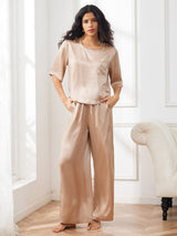 [Champagne] SilkSilky-DK Halv ærme Rund Hals Dame Pyjamas 003