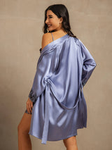 [Stål Blå] SilkSilky-DK 3/4 Sleeve V Neck Natkjole & Morgenkåbe Sæt 002