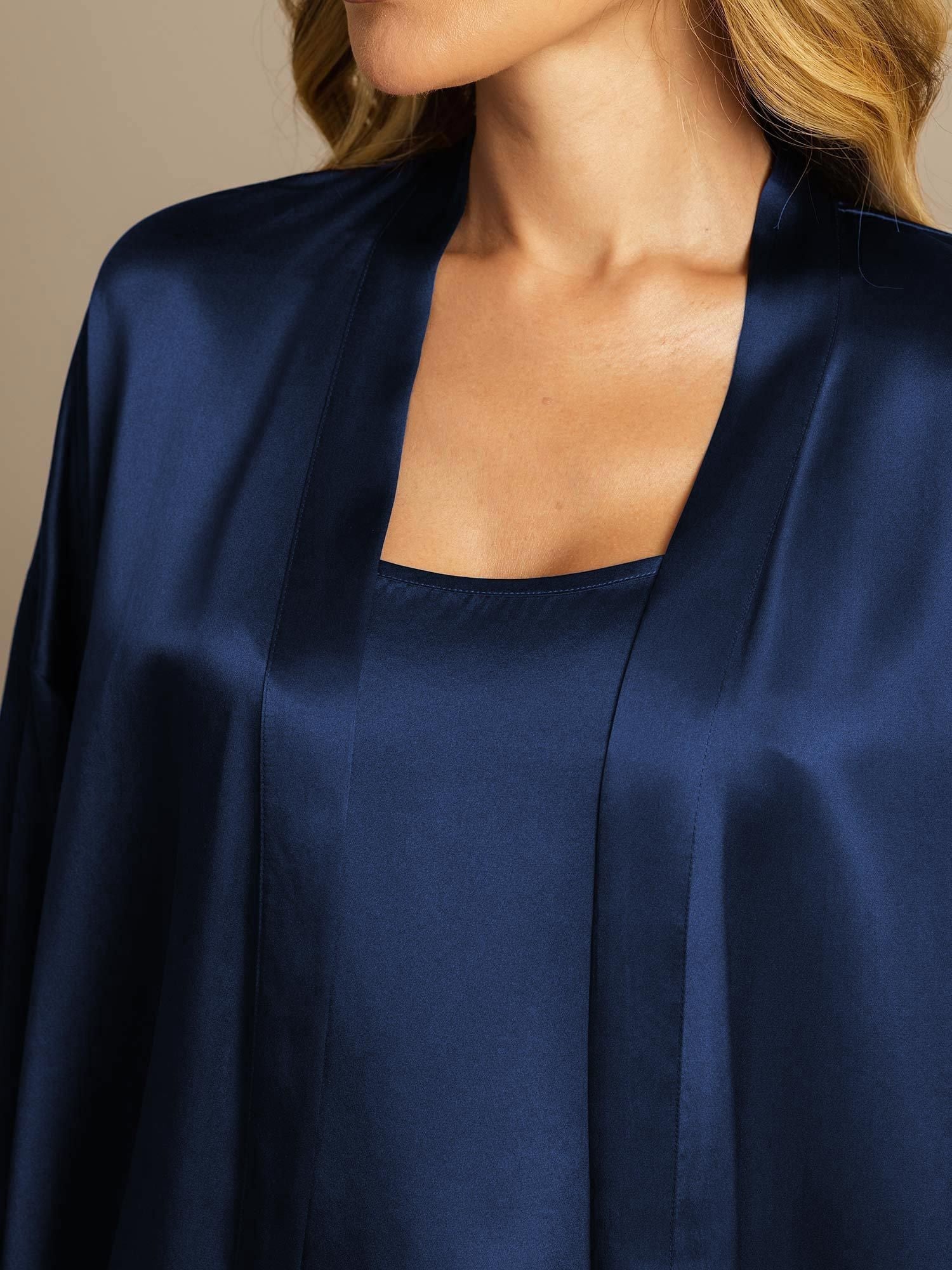 [Mørkeblå] SilkSilky-DK Silke Nightgown&Robe Set 004,