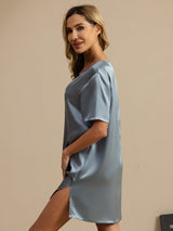 [Gråblå] SilkSilky-DK Half Sleeve V Neck Natkjole 004