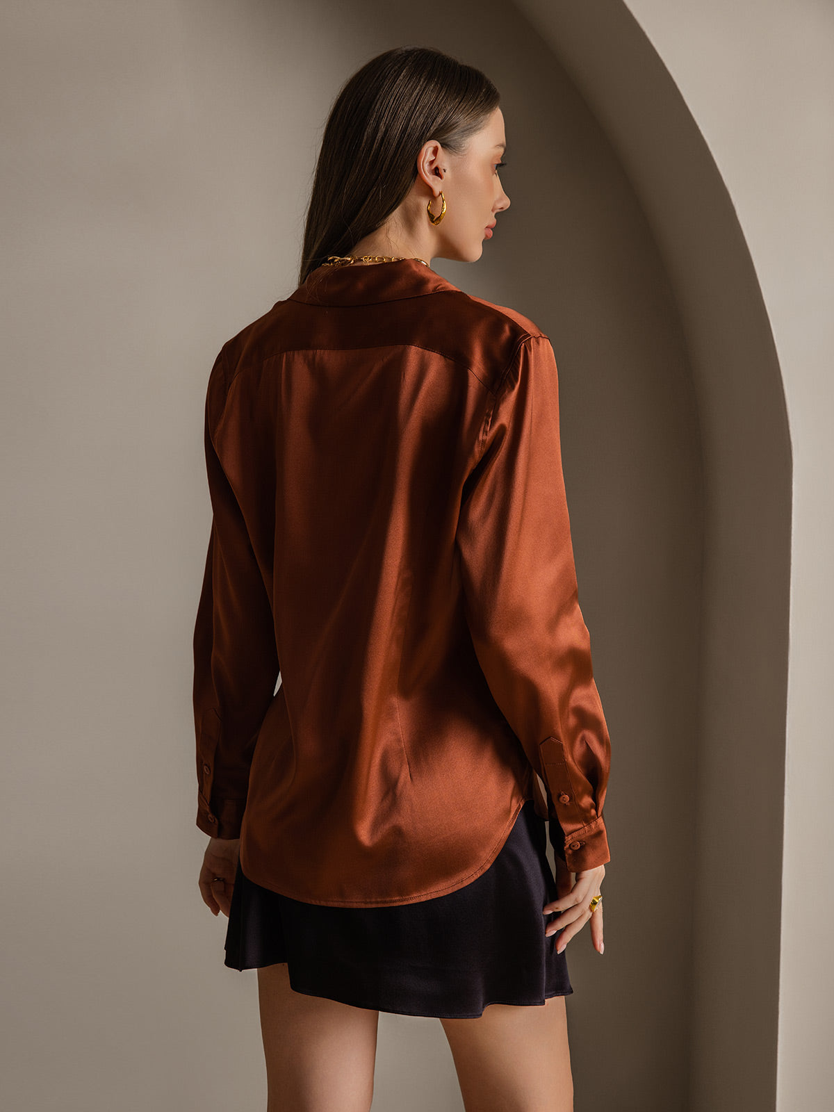 [Karamel] SilkSilky-DK 19Momme Langærmet Reverskrave Dameskjorte 002