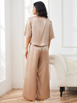 [Champagne] SilkSilky-DK Halv ærme Rund Hals Dame Pyjamas 005