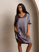 [Lilla Grå] SilkSilky-DK Half Sleeve V Neck Natkjole 004