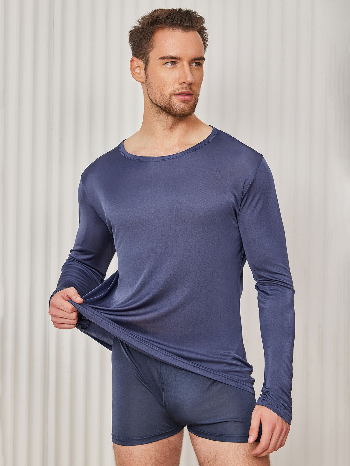 [Mørkeblå] SilkSilky-DK Langærmet Rund Hals Herre T-shirt 001