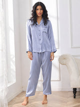 [Stål Blå] SilkSilky-DK Long Sleeve Lapel Collar Dame Pyjamas 005