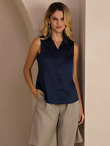 [Mørkeblå] SilkSilky-DK Sleeveless Lapel Collar Dameskjorte 001