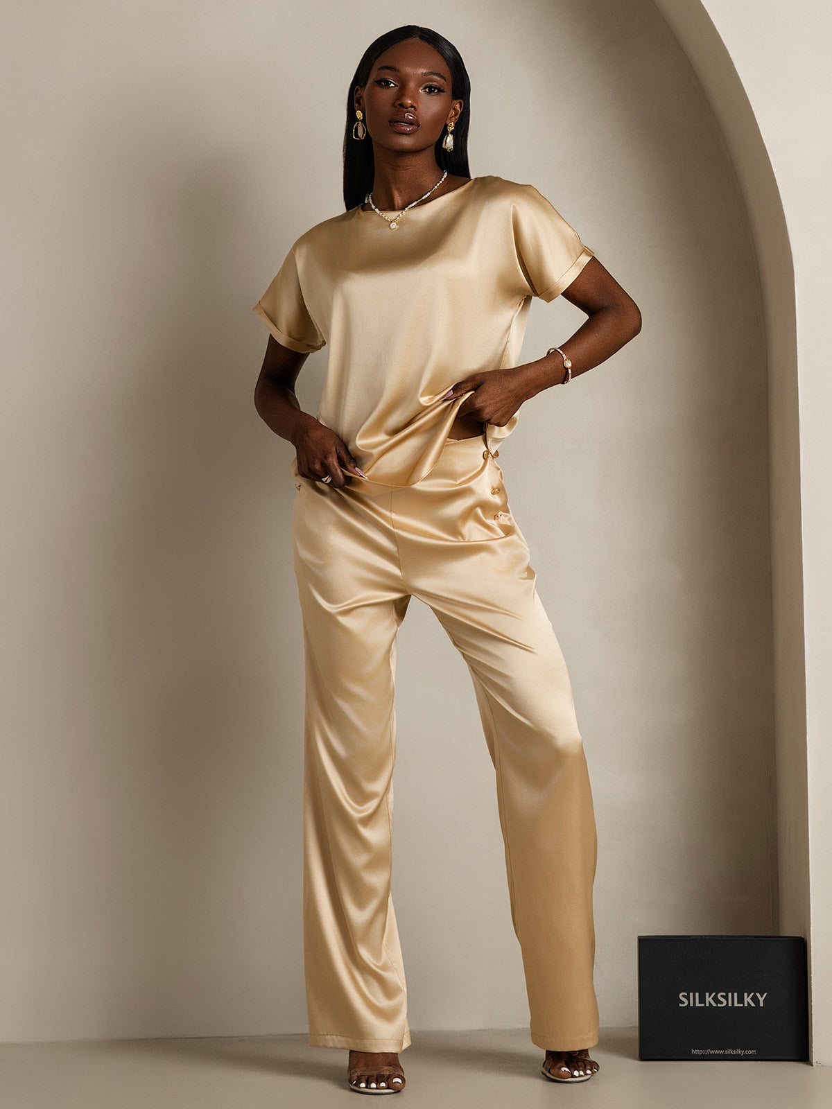 [Champagne] SilkSilky-DK 19Momme Silke Womens T-Shirt 006,