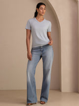 [Gråblå] SilkSilky-DK Short Sleeve V Neck T-shirt til kvinder 007