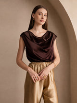 [Mørk Chokolade] SilkSilky-DK Cap Sleeve Cowl Neck T-shirt til kvinder 001